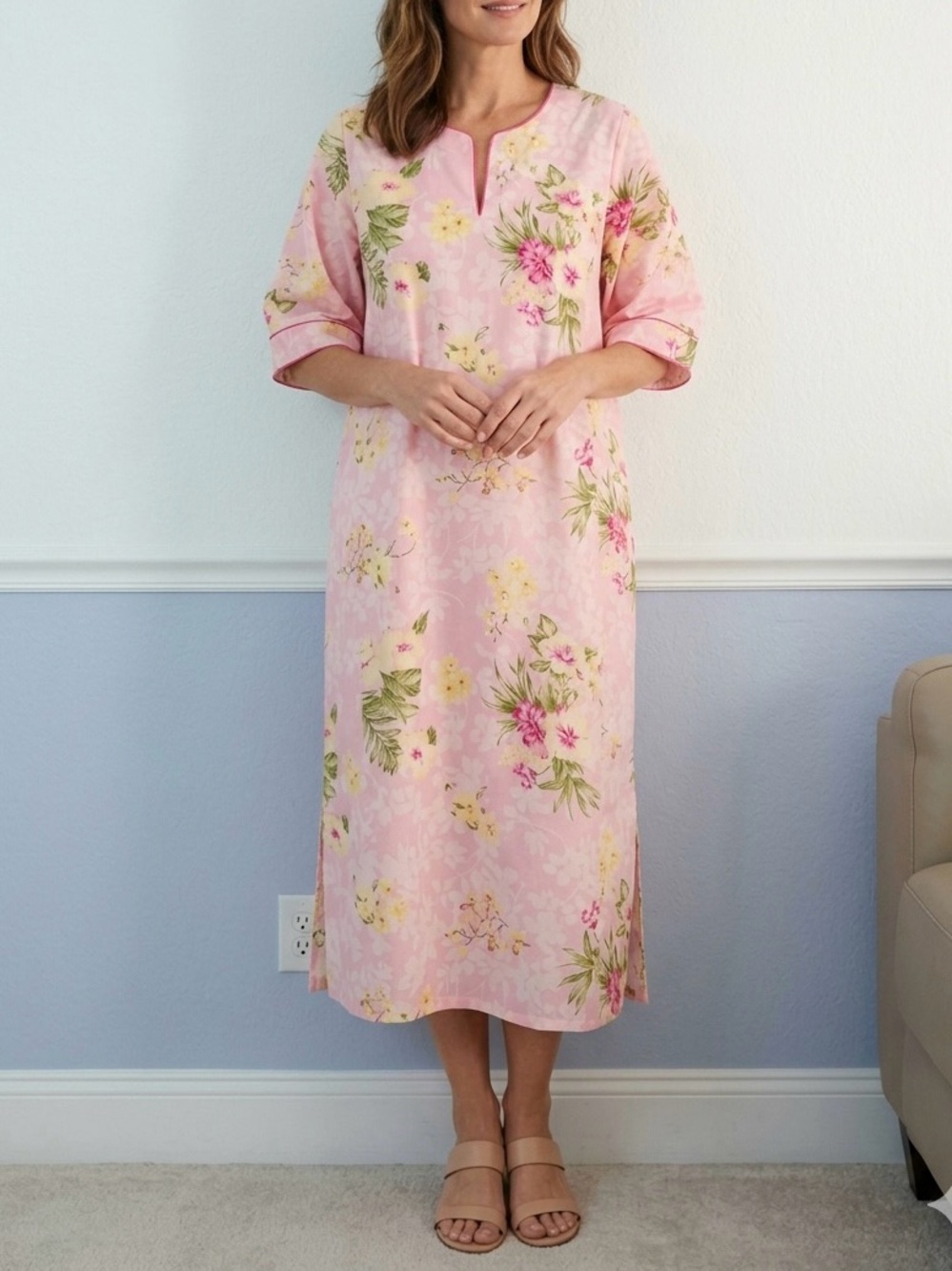 Vintage Oscar de la Renta Pink Floral Midi Dress 100% Cotton